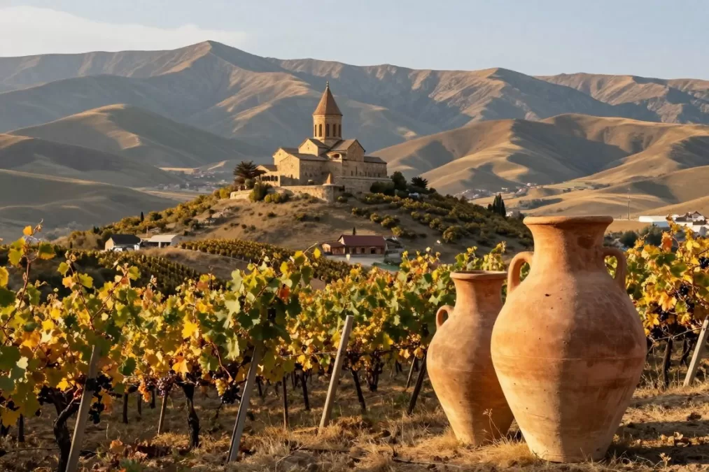 Georgian wine region with ancient vineyards and Caucasus mountains as hidden gem Europe