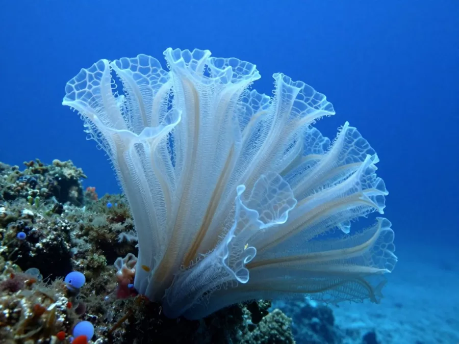 Glass sponge colony on deep ocean floor showing intricate silica structure