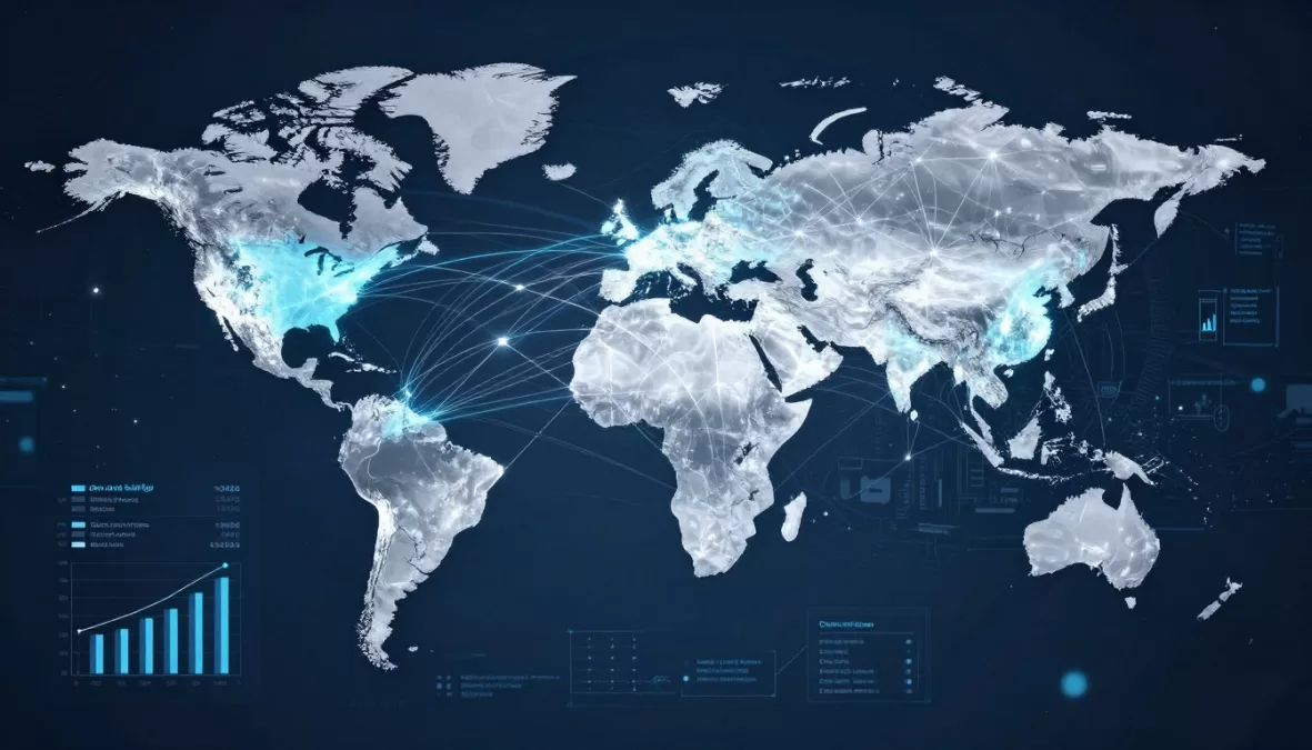 Global economic growth visualization showing interconnected world economies and GDP trends for 2026