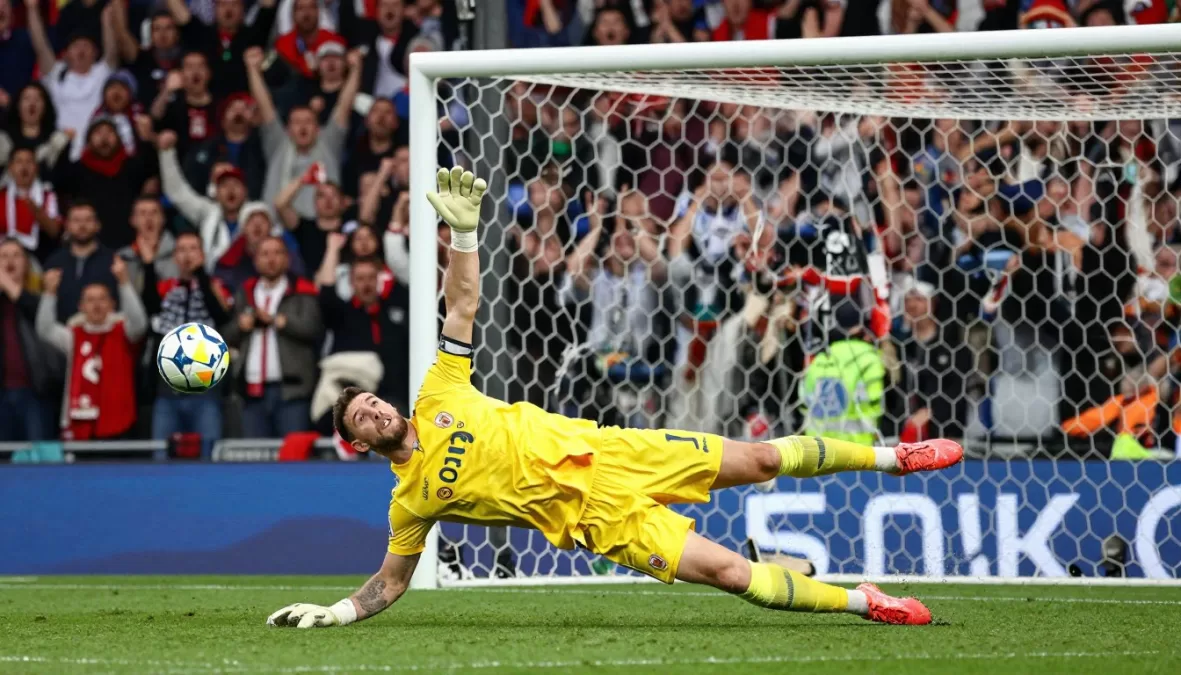 Goalkeeper making spectacular save during world cup penalty shootout