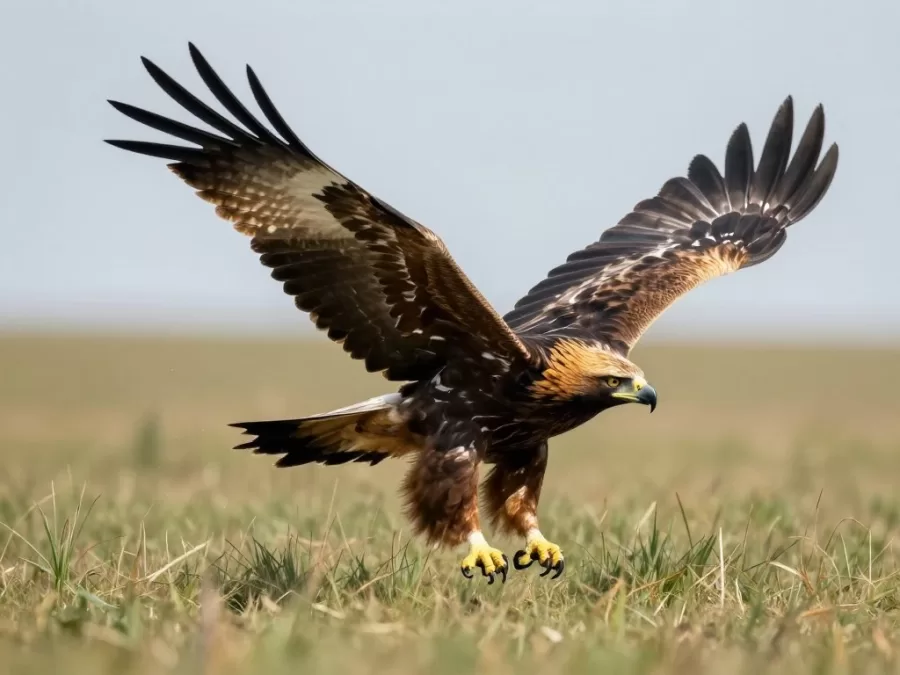 Golden eagle hunting over grassland