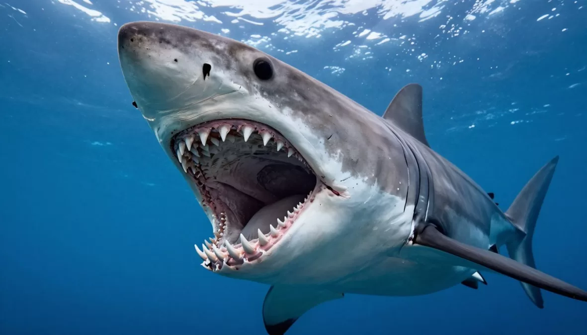 Great white shark breaching water surface showing rows of serrated teeth