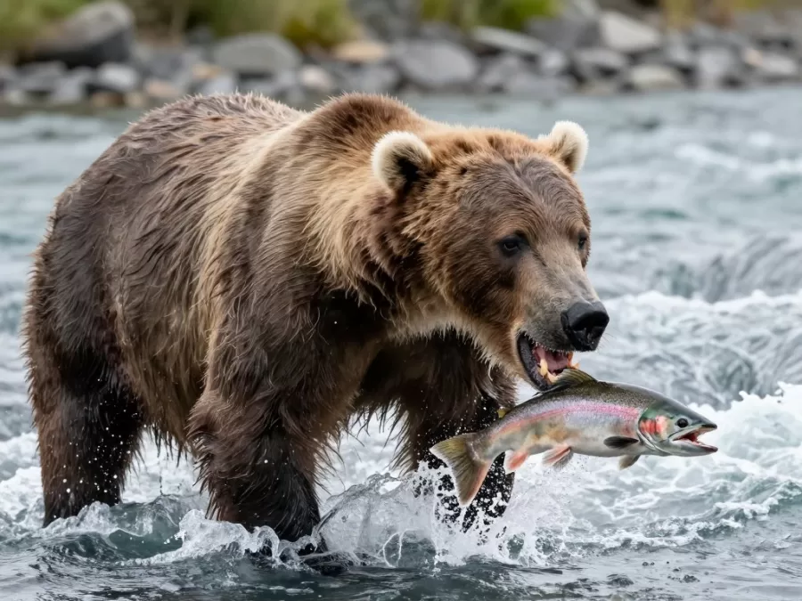 Grizzly bear catching salmon showing powerful jaw and teeth