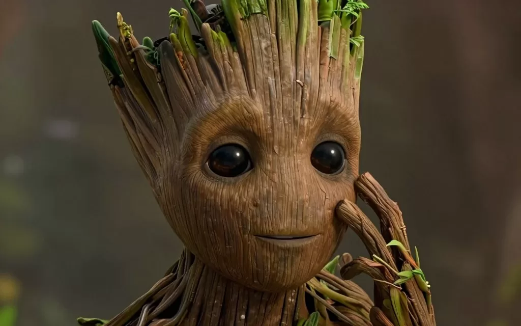Groot saying his iconic line I am Groot with glowing eyes