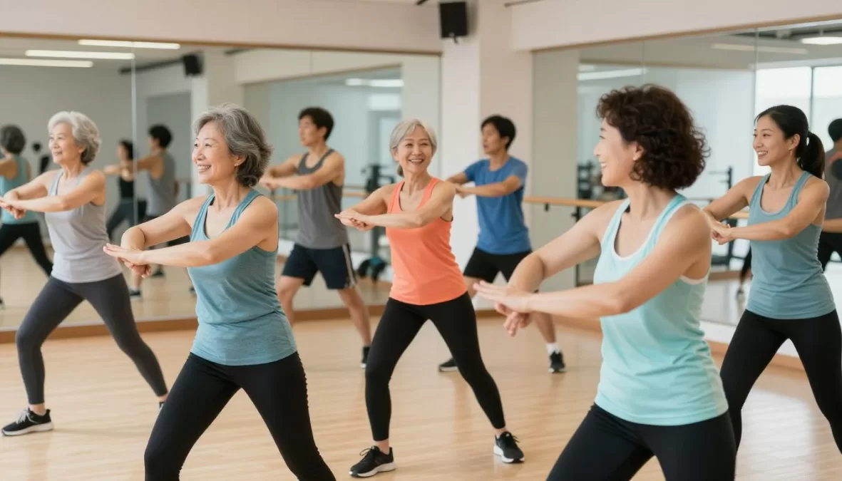 Group of diverse people exercising together in supportive fitness class environment