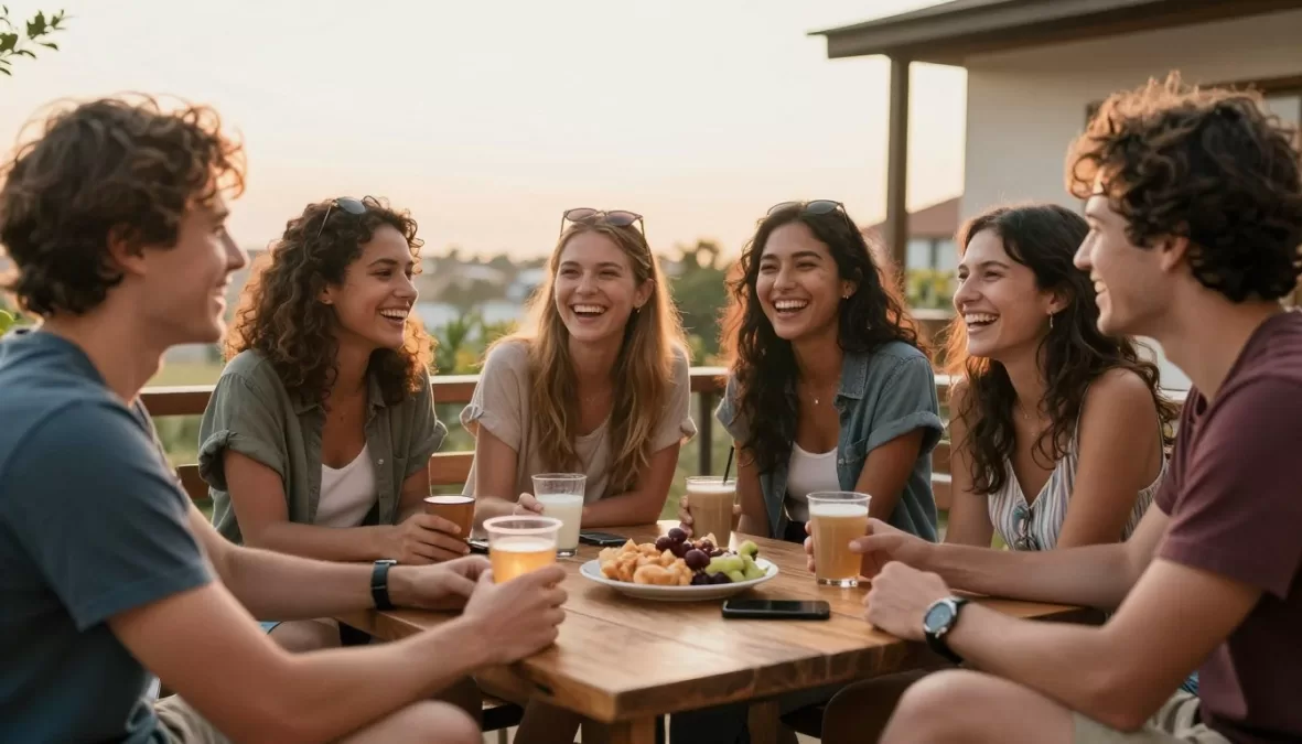 Group of diverse solo travelers socializing together at hostel