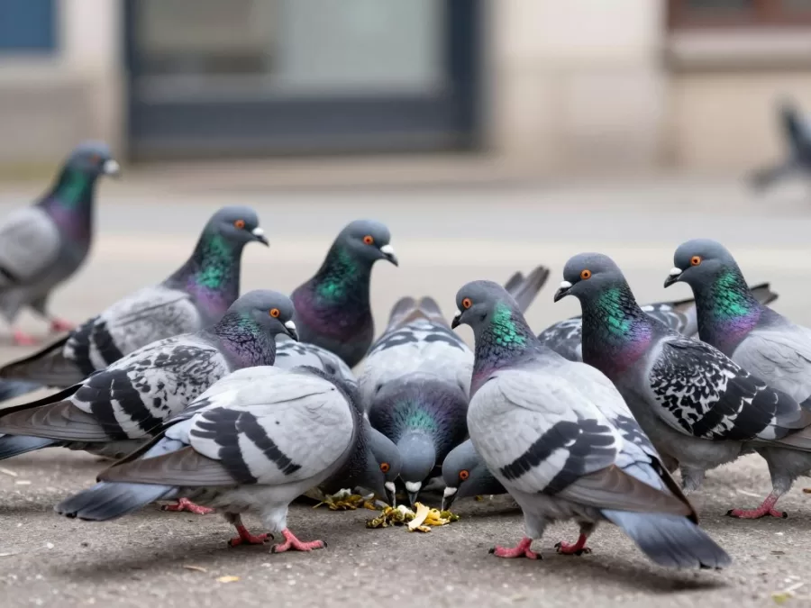 Group of rock doves feeding on ground