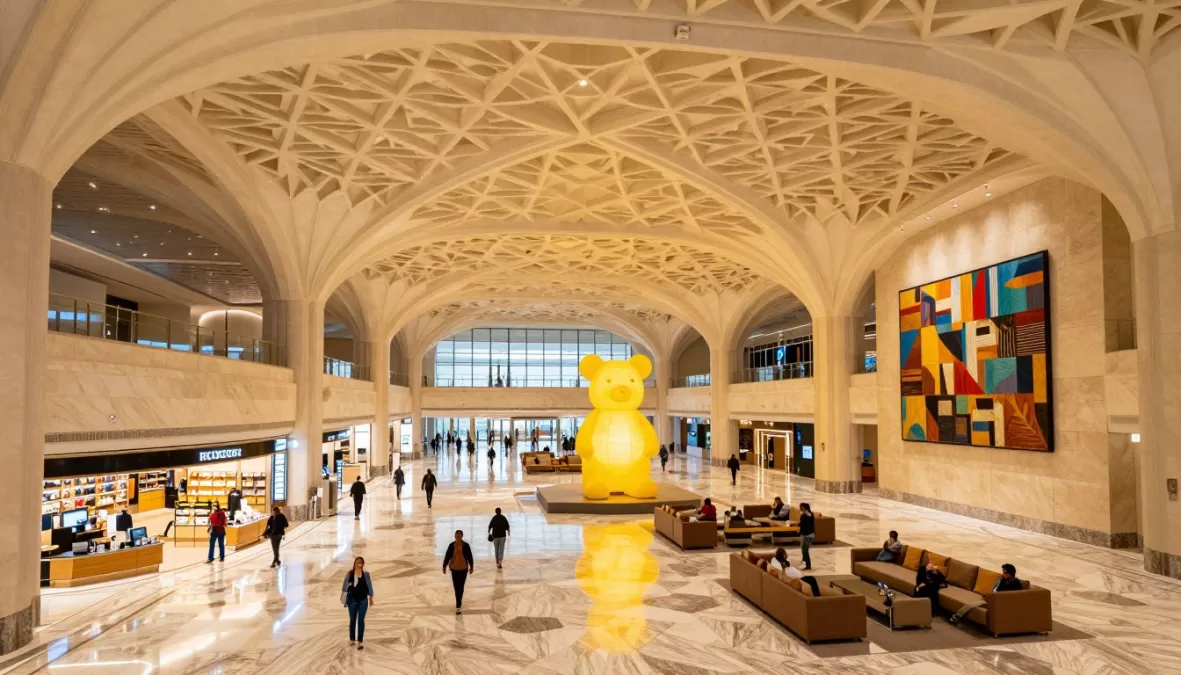 Hamad International Airport grand terminal hall with luxurious design featuring high ceilings and artistic installations