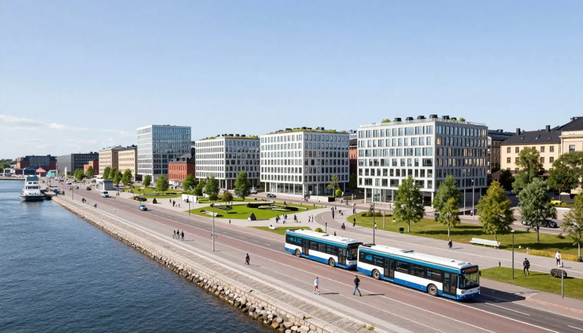 Helsinki cityscape with clean architecture, Baltic Sea, and green urban design