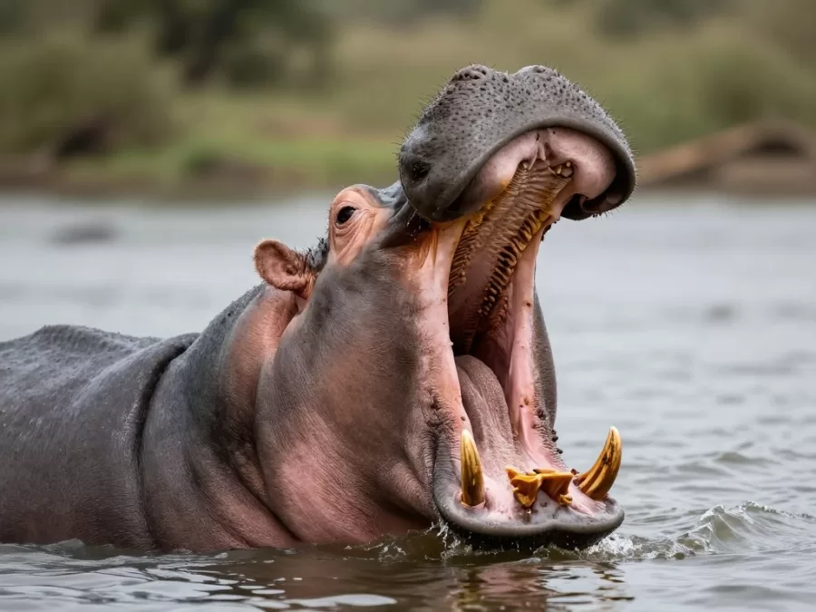 Hippopotamus with mouth wide open displaying massive canine teeth and jaw width