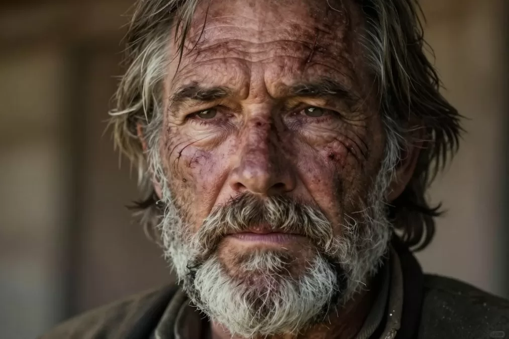 Hugh Jackman as an aged and scarred Logan with gray beard