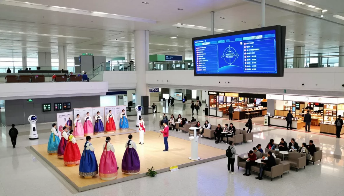 Incheon Airport terminal featuring Korean cultural displays and advanced digital technology throughout spacious modern halls