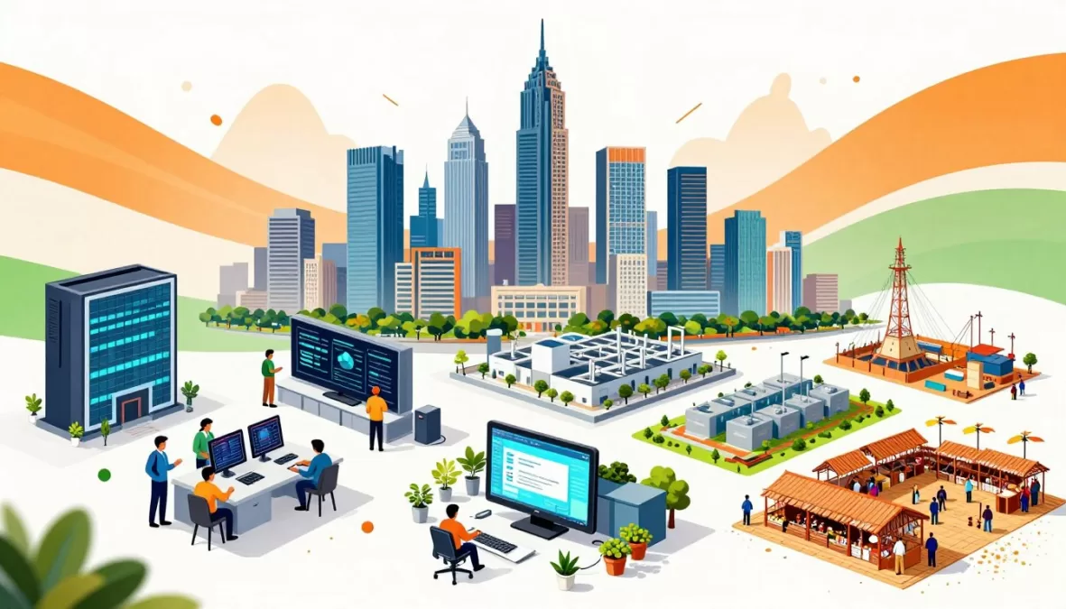 India economy showing GDP growth, IT sector, manufacturing expansion, and major Indian metropolitan areas
