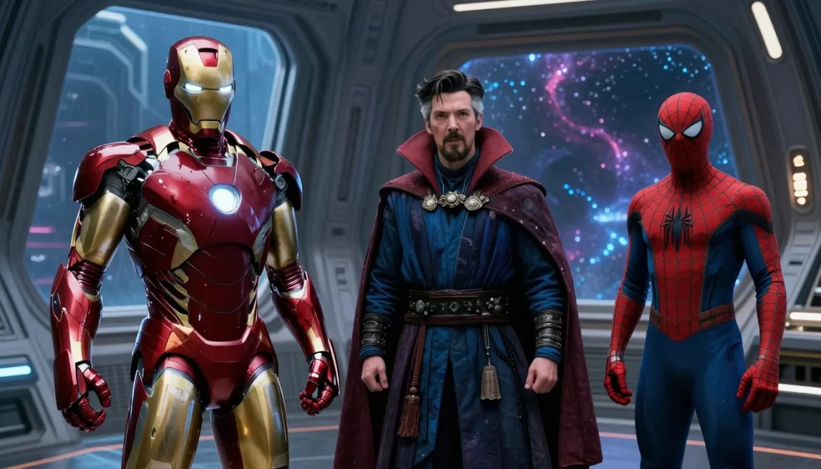 Iron Man, Doctor Strange, and Spider-Man in space aboard a ship