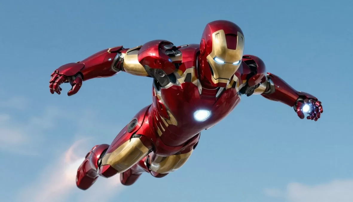 Iron Man in his iconic red and gold Mark III armor flying through the sky