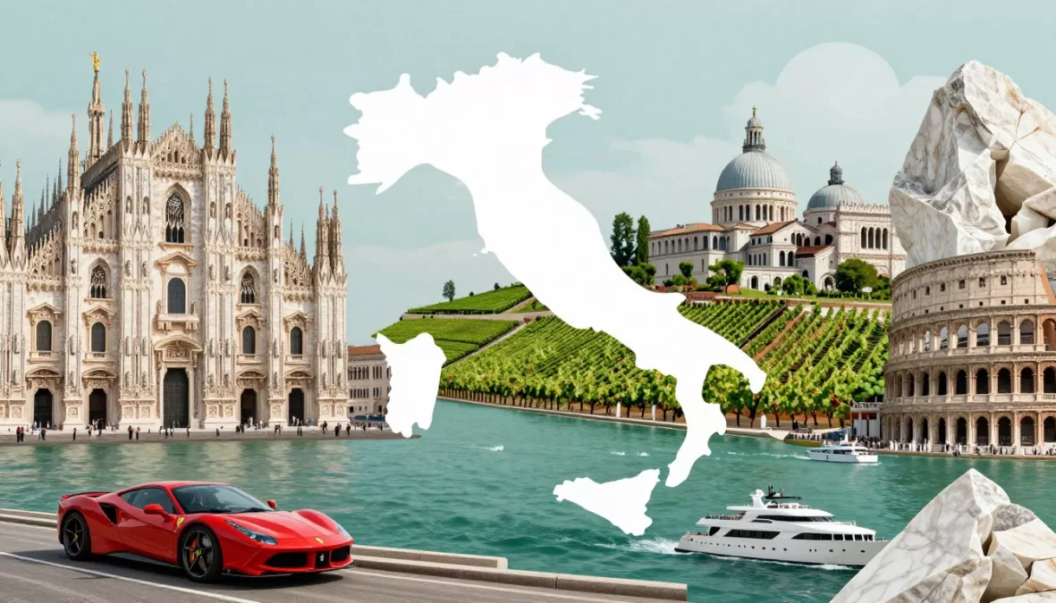 Italy economy showing manufacturing districts, luxury fashion, tourism attractions, and agricultural products