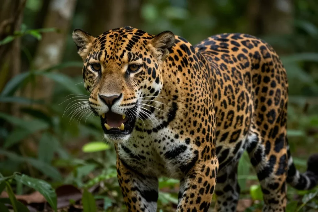 Jaguar displaying its powerful jaw and distinctive spotted coat in rainforest setting