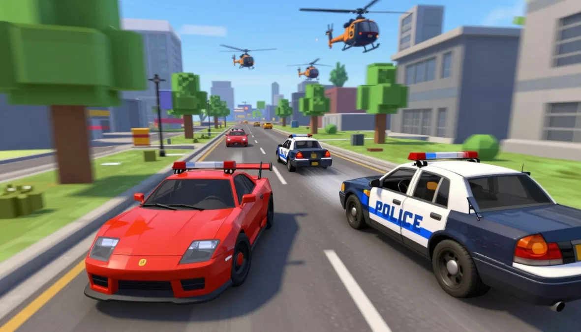Jailbreak showing police chase with criminals escaping in vehicles across open world