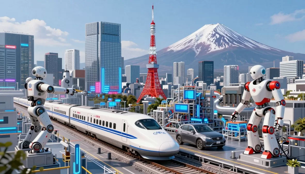 Japan economy visualization showing technological innovation, robotics, automotive industry, and Tokyo financial district