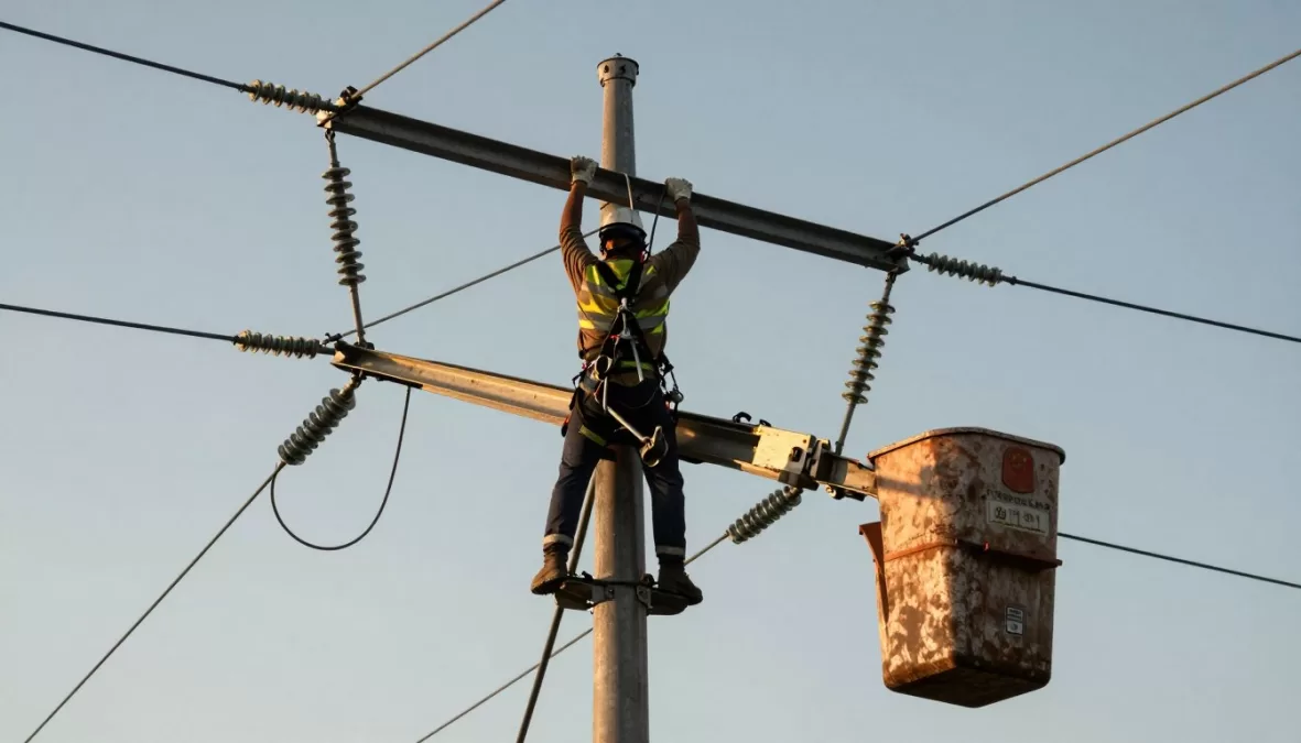 Lineman working on high-voltage power lines