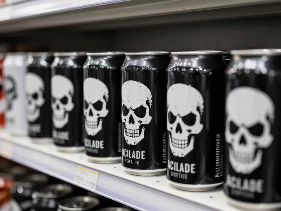 Liquid Death canned water products with bold branding design on retail shelf
