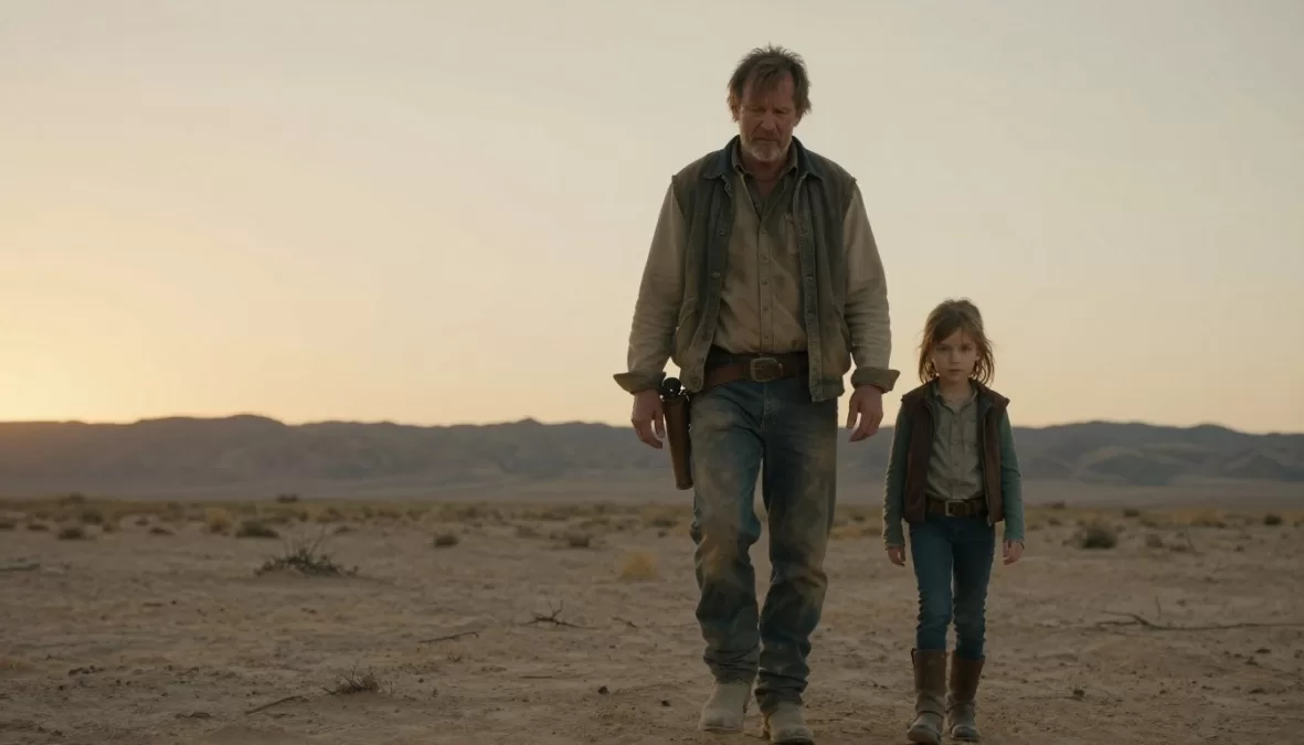 Logan in worn clothing walking through a desolate landscape with X-23