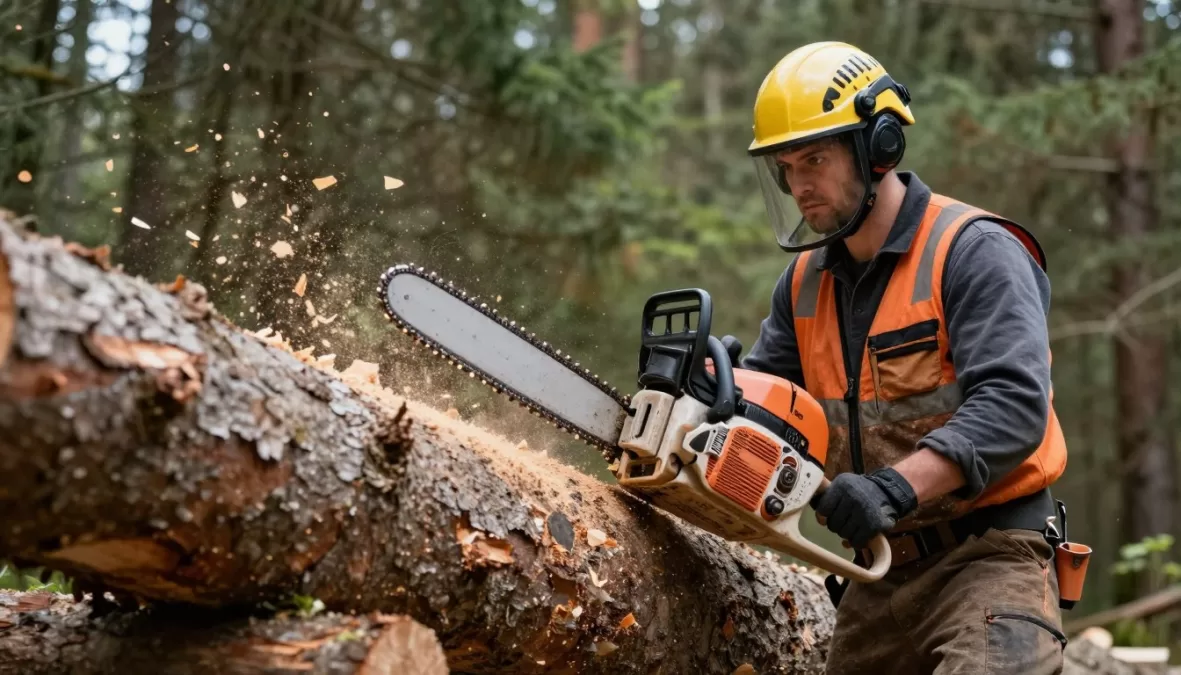 Logger operating chainsaw on large tree in forest