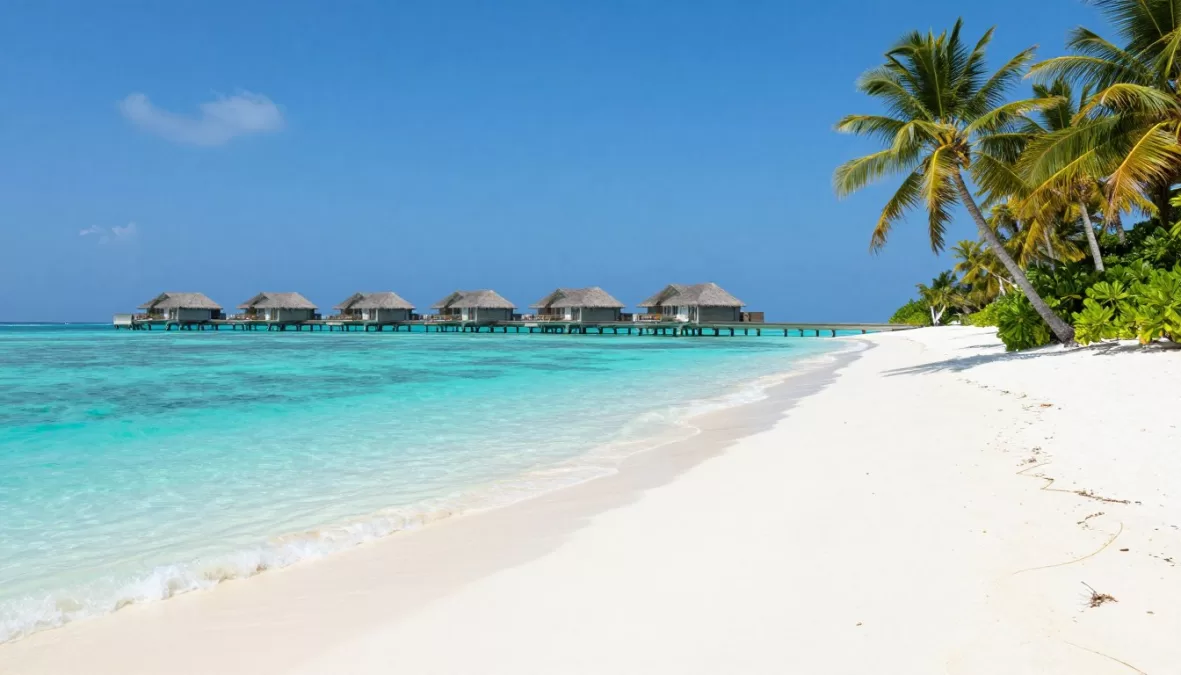 Maldives pristine white sand beach with turquoise lagoon and overwater villas
