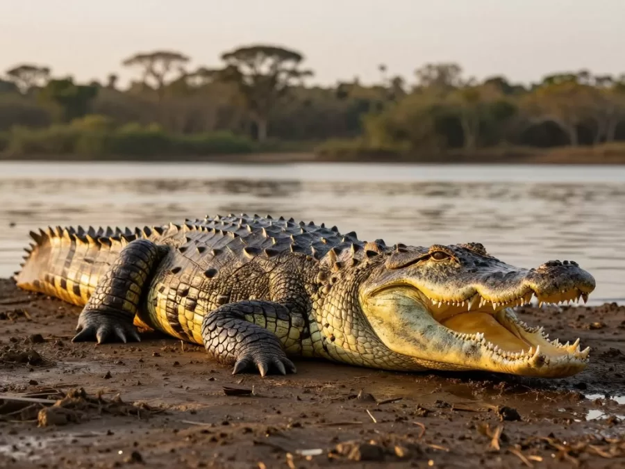 Massive saltwater crocodile basking on a riverbank showing its impressive size and powerful build
