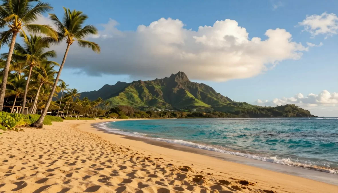 Maui golden sand beach with palm trees and turquoise Pacific waters