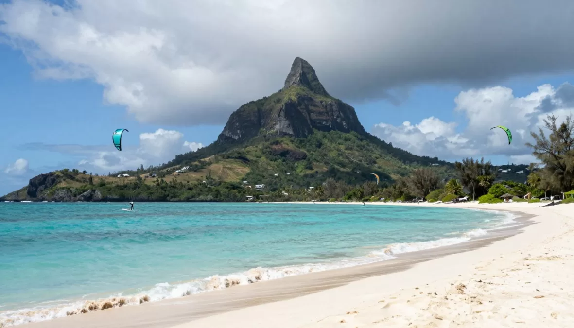 Mauritius Le Morne mountain with turquoise lagoon and beach