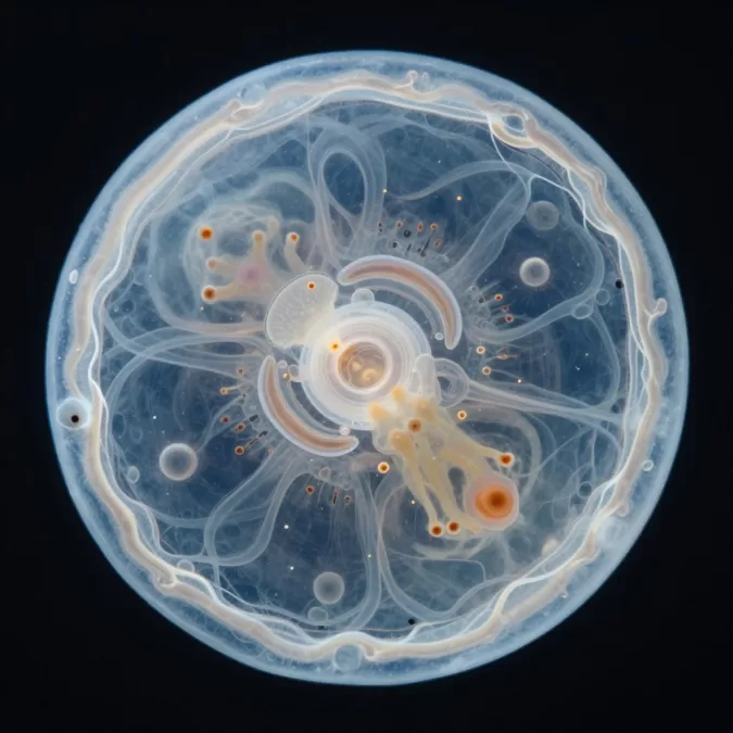Microscopic view of Turritopsis dohrnii polyp stage showing cellular structure