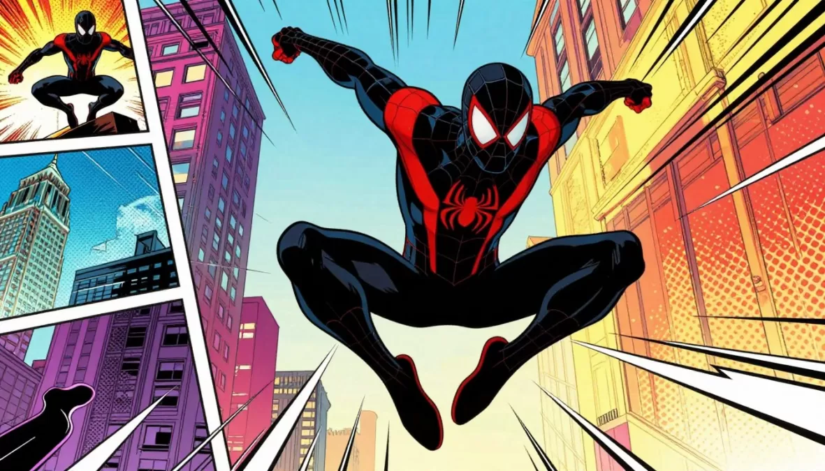 Miles Morales as Spider-Man swinging through a vibrant animated New York City