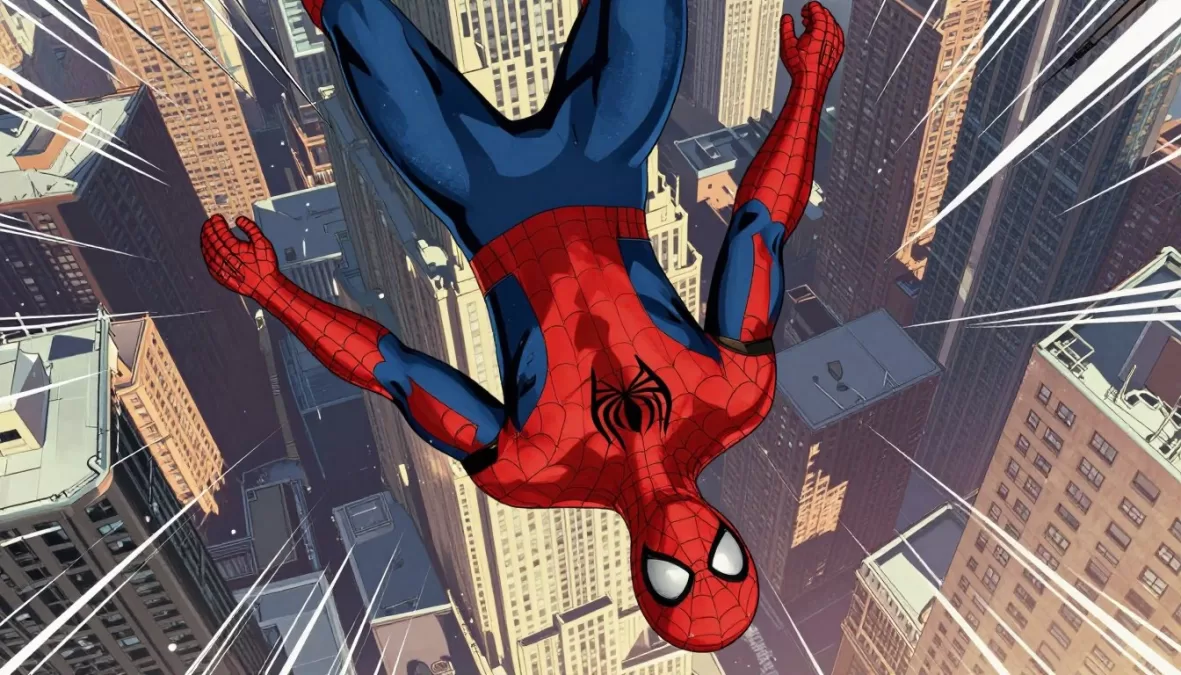 Miles Morales taking a leap of faith from a skyscraper