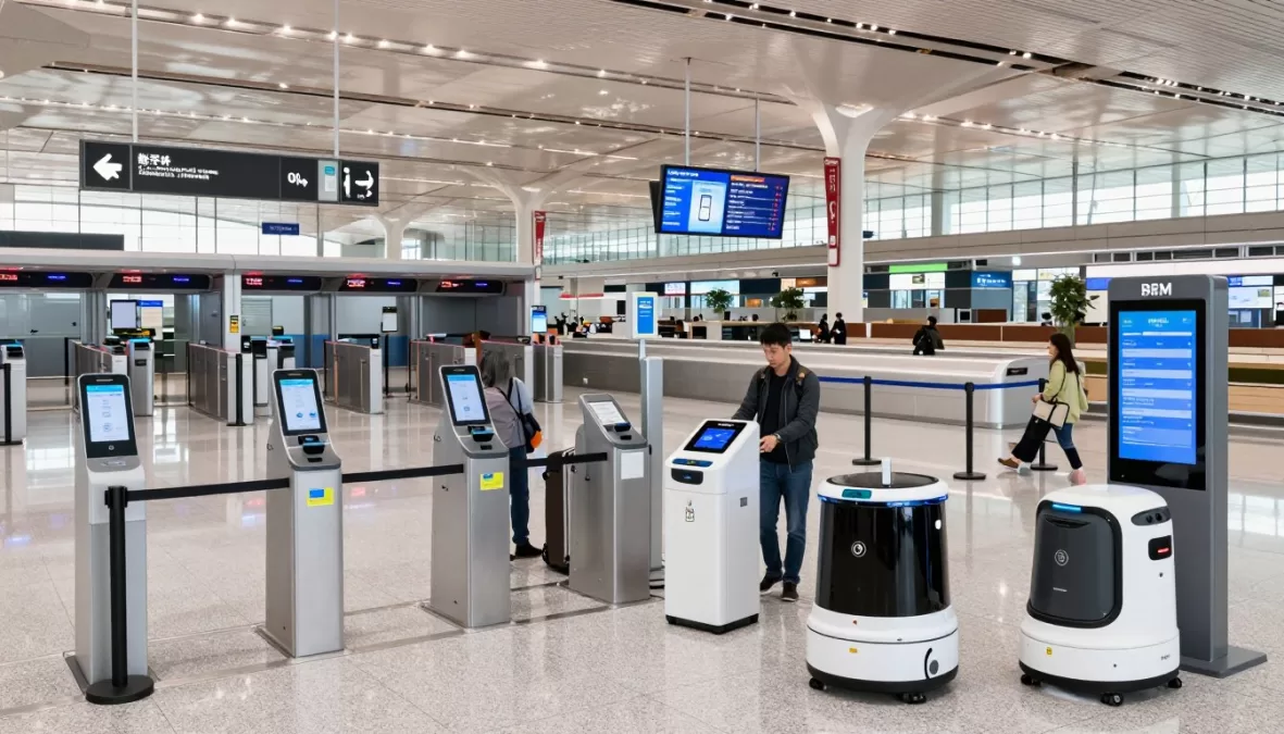 Modern airport technology including biometric screening and digital wayfinding displays