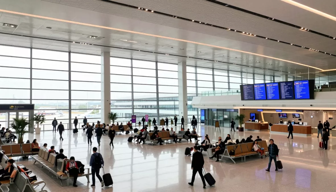 Modern airport terminal with passengers walking through spacious bright concourse featuring natural light and contemporary design