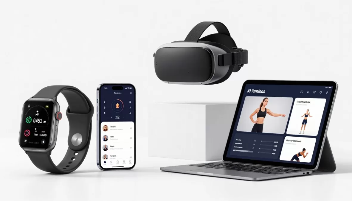Modern fitness technology including wearables apps and virtual training equipment