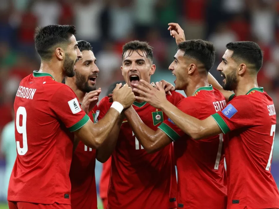 Morocco national soccer team celebrating historic world cup victory