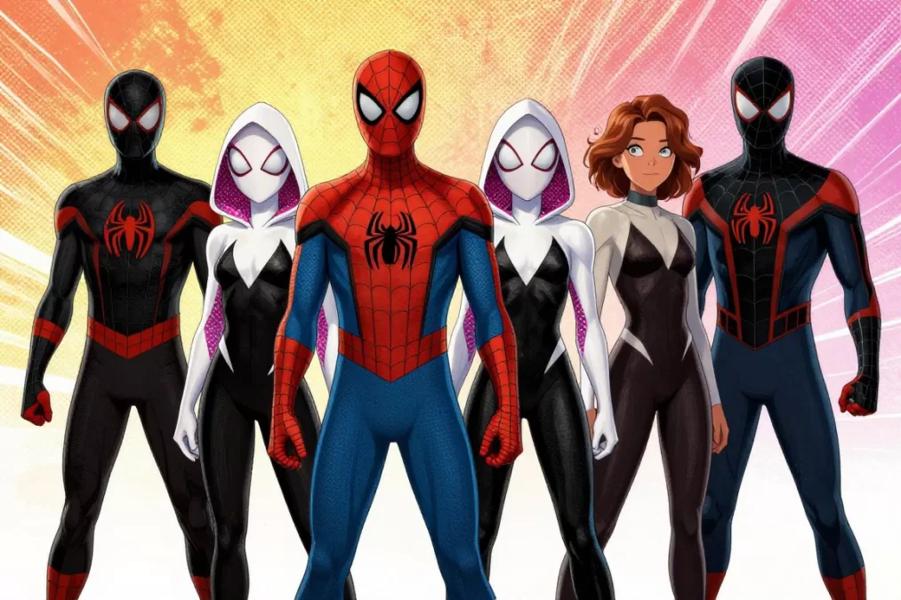 Multiple Spider-People standing together including Miles, Peter Parker, and Spider-Gwen
