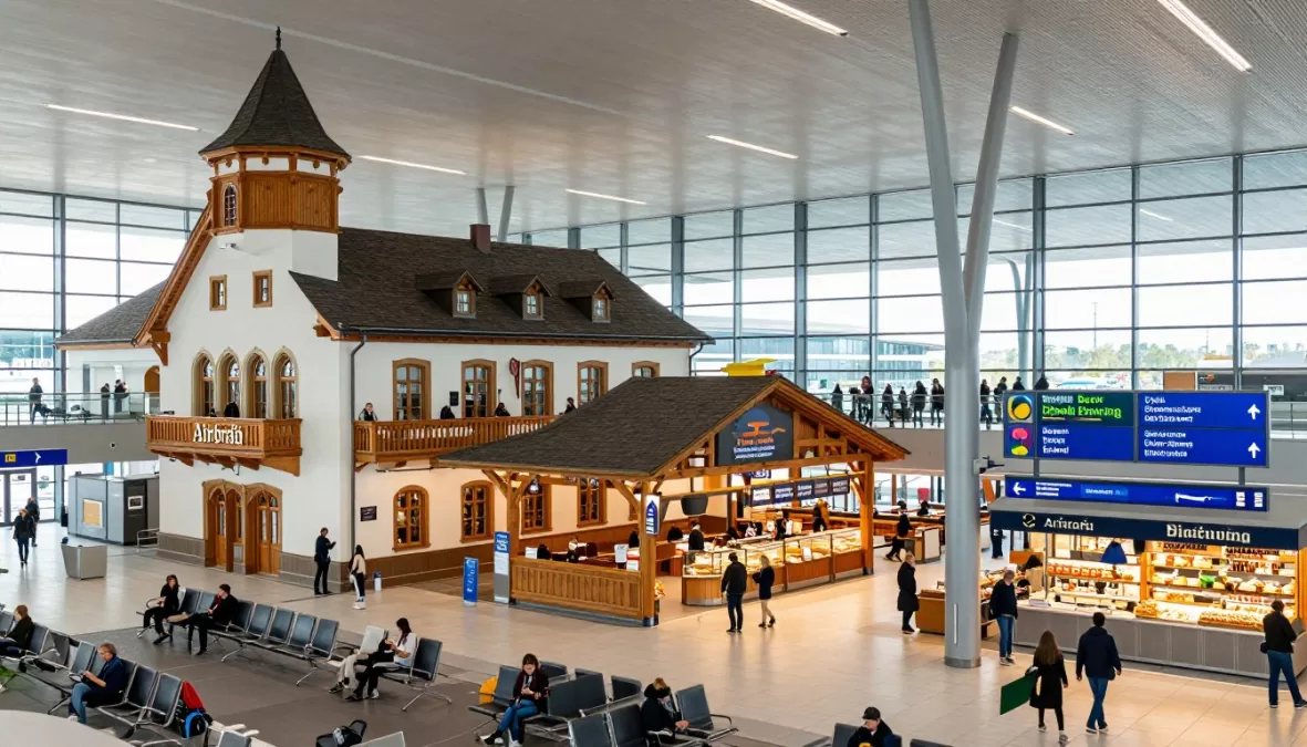 Munich Airport terminal interior showing Bavarian design touches with beer garden and efficient European architecture