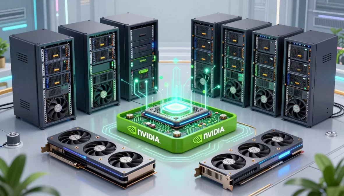 NVIDIA artificial intelligence hardware showing GPU processors and data center infrastructure