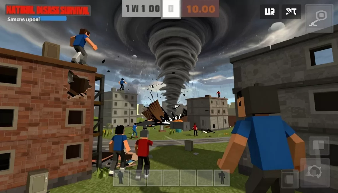Natural Disaster Survival showing players escaping from dramatic tornado and destruction