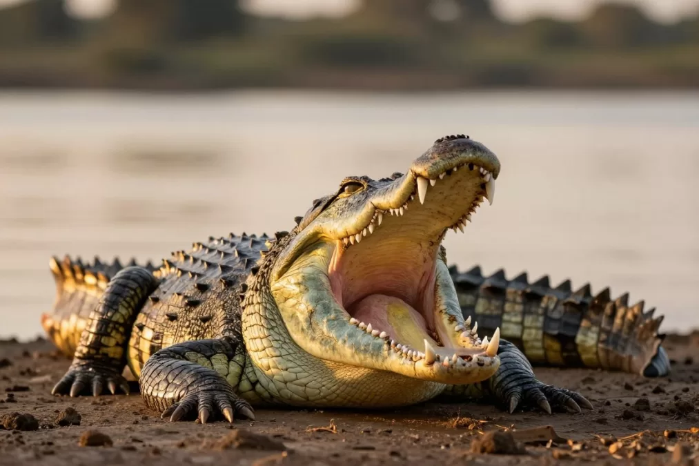 Nile crocodile with jaws wide open displaying rows of sharp teeth near African river