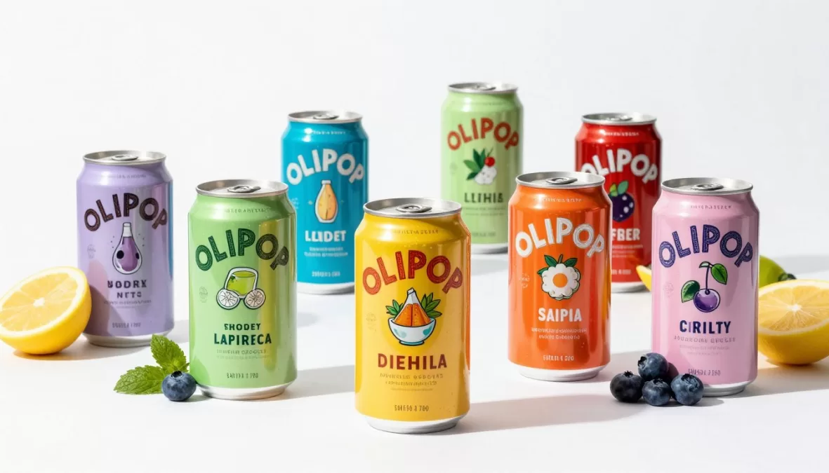 OLIPOP prebiotic soda cans in various flavors arranged attractively