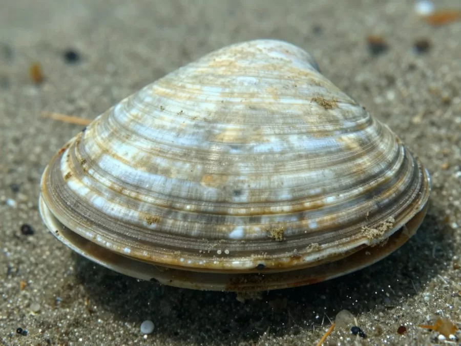 Ocean quahog clam shell showing growth rings and aged appearance