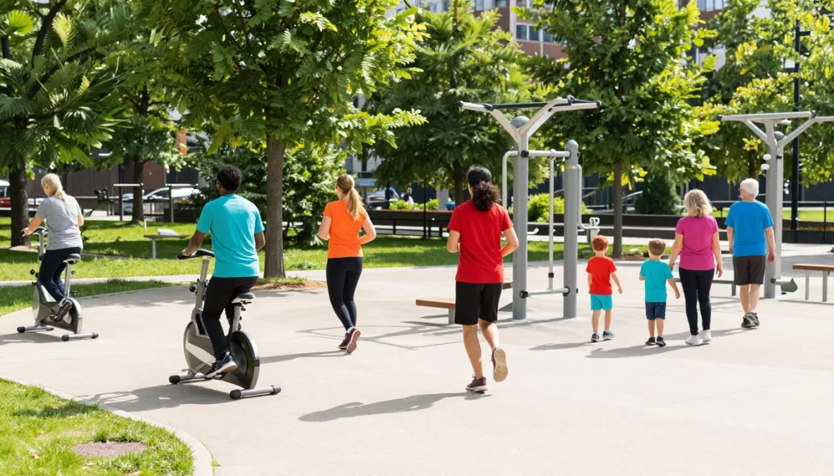People exercising outdoors in clean city park environment