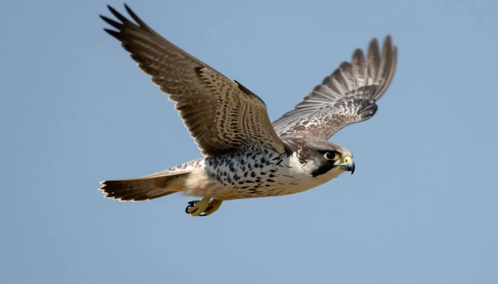 Peregrine falcon diving at high speed through the air