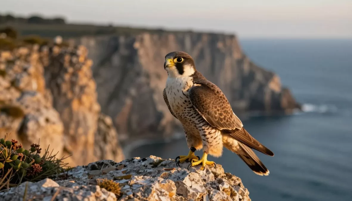 Peregrine falcon perched on rocky cliff overlooking vast landscape