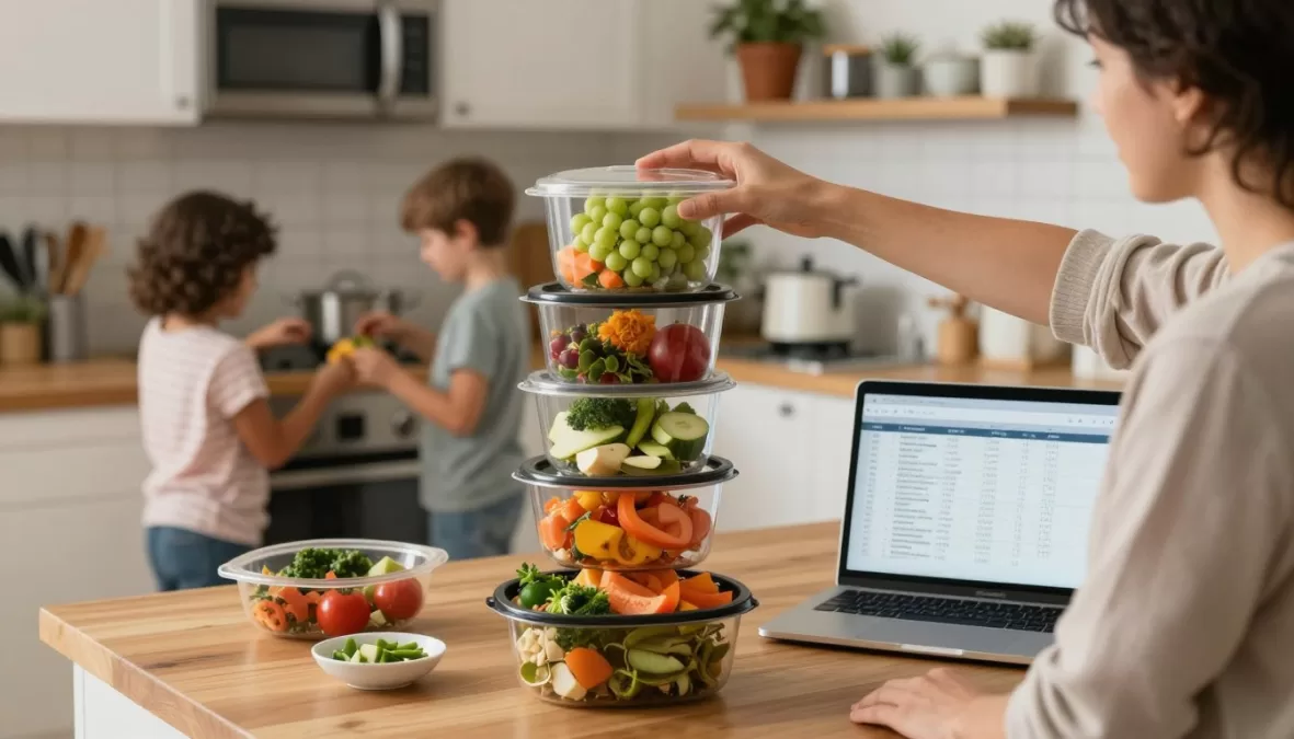 Person balancing healthy meal prep with family time and work showing sustainable lifestyle