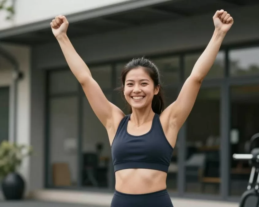 Person celebrating fitness milestone achievement with visible joy and accomplishment